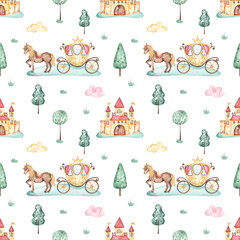 Fototapety  Watercolor seamless pattern with princess castle, carriage, horse, trees, grass on white background