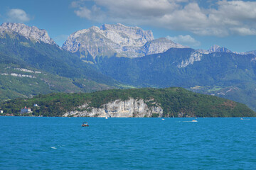 Fototapeta na wymiar View of Lake Annecy in France. Lake Annecy is a perialpine lake in Haute Savoie in France.