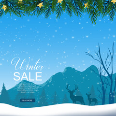 Winter sale with Reindeers in snow background