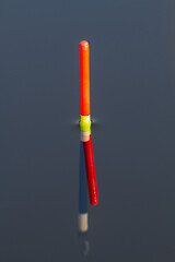 fishing float sits upright in blue water