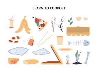 Vector flat illustration of a set of organic waste for composting.
