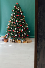 Winter Christmas tree pine with gifts decor interior new year