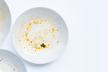Dirty dish on white background.