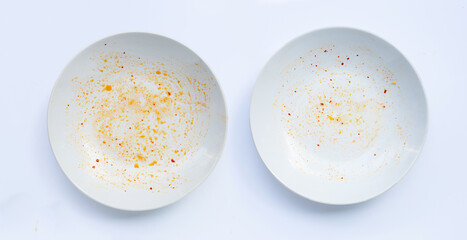 Dirty dish on white background.
