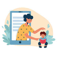 Virtual sitter, online babysitting service, remote teaching concept. Entertaining the kids via internet. Friendly female nanny on your phone.Vector illustration, modern flat style
