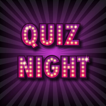 Quiz night announcement poster. Vintage styled light bulb box letters shining on dark background. Questions team game for intelligent people. Vector illustration, glowing electric sign in retro style.