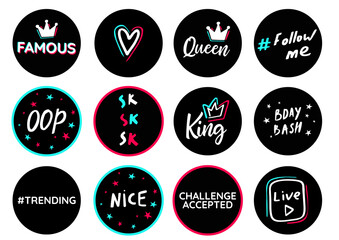 Birthday topper round circle shape. Youth teens party props. Modern glitch social media birthday celebration design. Icon fashion photo booth. Black blue pink sticker on white background.