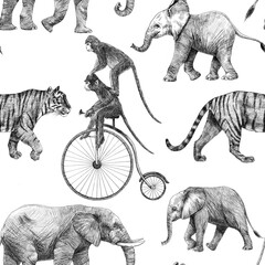 Beautiful stock seamless pattern with cute hand drawn safari giraffe elephant tiger monkey rhinoanimal pencil illustrations. © zenina
