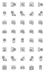 Online food delivery line icons set. linear style symbols collection, outline signs pack. Fast food menu vector graphics. Set includes icons as burger, sandwich, drinks, french fries, delivery bike