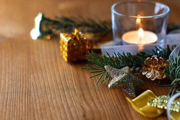 Gold christmas decorations with fir branches