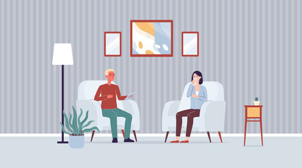 Flat vector illustration of a young woman patient having session with psychologist