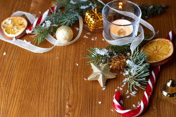 Gold christmas decorations with fir branches