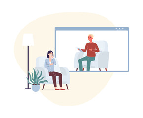 Woman on psychologist online distance consultation, flat vector illustration.