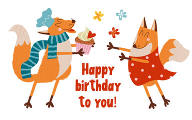 Happy Birthday. Vector illustration with cute loving foxes.