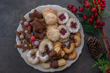 Traditional home made German Christmas Cookies on a festive table