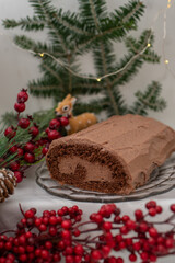Fototapeta na wymiar Christmas Yule Log Buche de Noel chocolate cake 