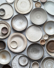 handmade ceramics, empty craft ceramic plates and bowls on light background, top view