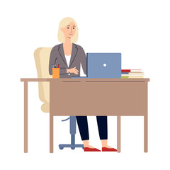 A young woman is sitting at a table with a laptop and books vector flat illustration