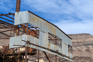 Sheet metal facade at an abandoned lead mine near Bonnie Claire, Nevada, USA