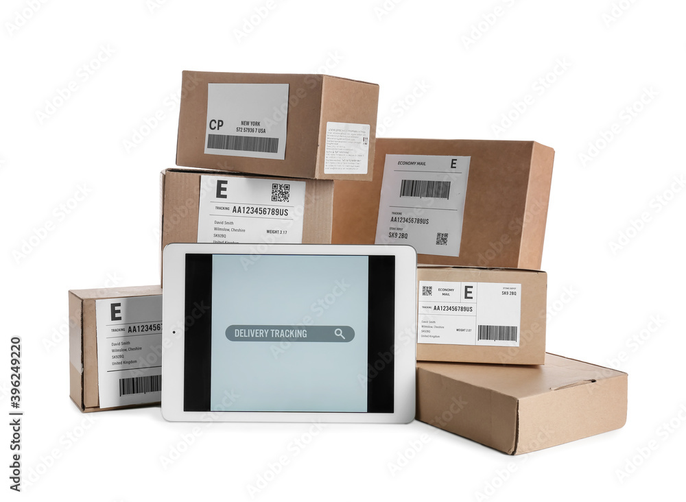 Poster tablet computer with open page of delivery service application and parcels on white background