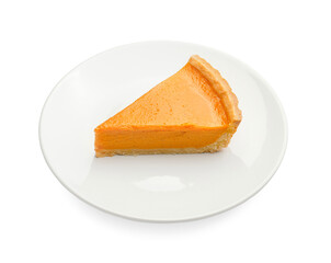 Plate with slice of tasty pumpkin pie on white background