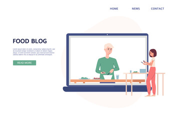 Food blog website interface layout with blogger and his followers cartoon characters, flat vector illustration.
