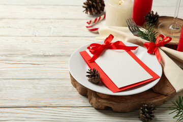 Concept of New year table setting on wooden background, space for text