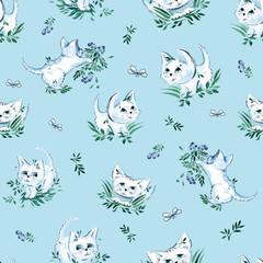 seamless illustration of white kittens on a light blue background