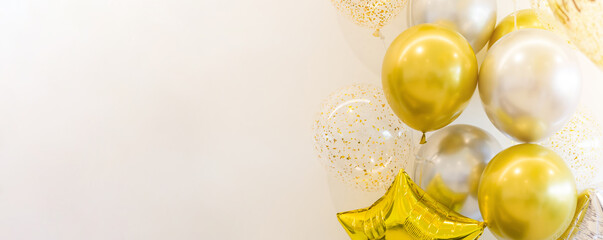 Golden and Silver colour balloons on white background with copy space for party decoration, New Year concept. celebrate time