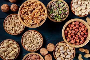 Nuts banner. Many different nuts, forming a frame on a dark blue wooden background with a place for text