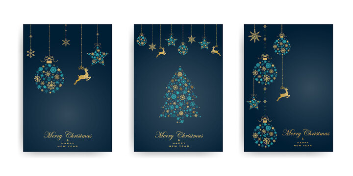 Pack of greeting cards with Christmas  ball, christmas tree and dear made from gold and turquoise snowflakes on dark background. Holiday pattern. Vector illustratio