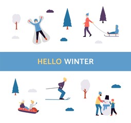 Banner with flat vector isolated illustrations of outdoor activity in the winter