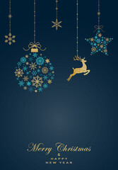 Greeting card with christmas ball and star turquoise and gold colour made from snowflakes and dear  on dark background.New year them. Vector illustration