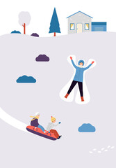 Vector flat illustration of outdoor activity of people in the winter season.