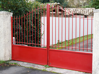 street steel vintage suburb home red door dark metal retro house gate