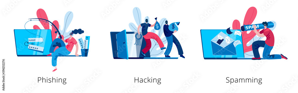 Aufkleber a hacker girl is engaged in phishing on a laptop. thieves take money out of a broken computer. spamm