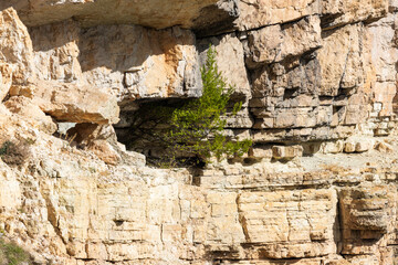 Layered cliff face in the canyon, close up view.