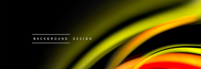 Dynamic motion abstract background. Color blurred stripes on black. Wave liquid lines poster. Vector illustration