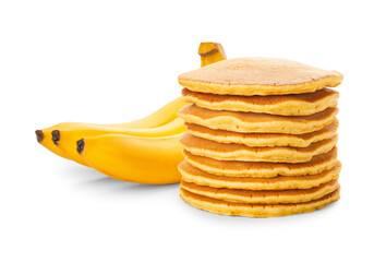 Tasty banana pancakes on white background