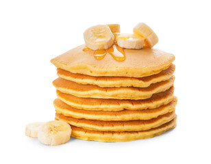 Tasty banana pancakes on white background