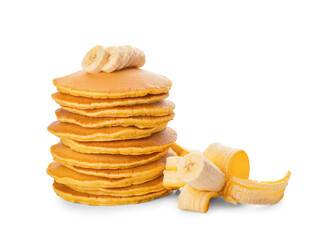 Tasty banana pancakes on white background