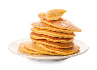 Tasty banana pancakes on white background