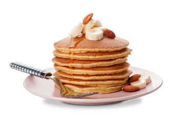 Tasty banana pancakes on white background