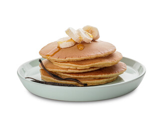Tasty banana pancakes on white background