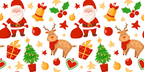 Christmas or New Year seamless pattern or digital paper - Santa Clause, reindeer, Christmas Tree, gift box, holly, festive holiday decorations, endless background for wrapping, textile, scrapbook