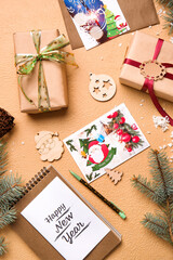 Beautiful greeting cards for New Year celebration and gifts on color background