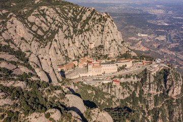 Aerial drone view of Abbey of Montserrat mountain near Barcelona in morning sunrise near Barcelona