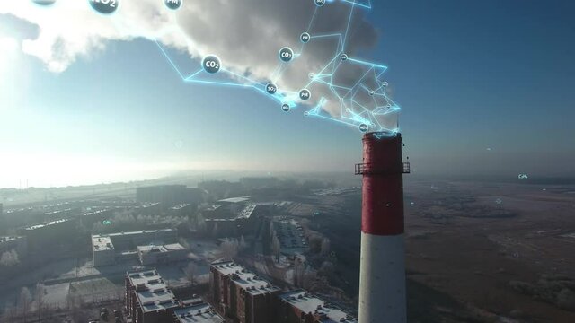 Air pollution concept. Smoke comes from chimney with chemical elements infographics. Aerial orbit complex camera shot.
