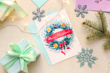 Beautiful greeting card for Christmas celebration and gifts on white background