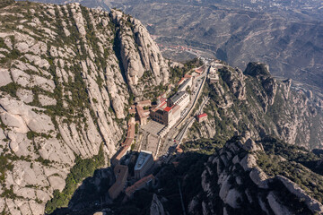Aerial drone view of Abbey of Montserrat mountain near Barcelona in morning sunrise near Barcelona